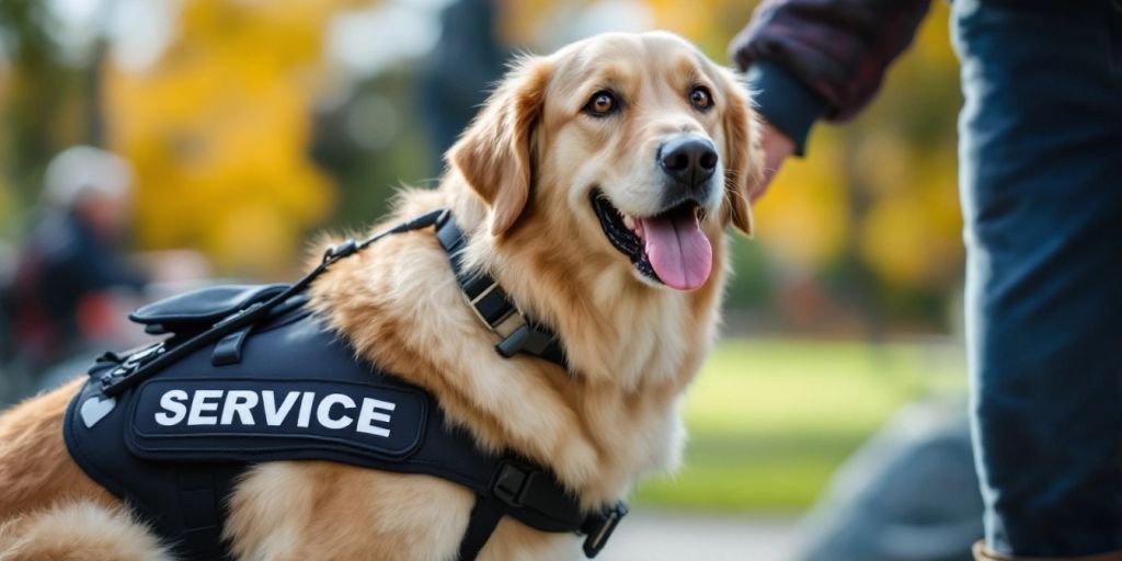 Service dog helping owner in a serene park setting.