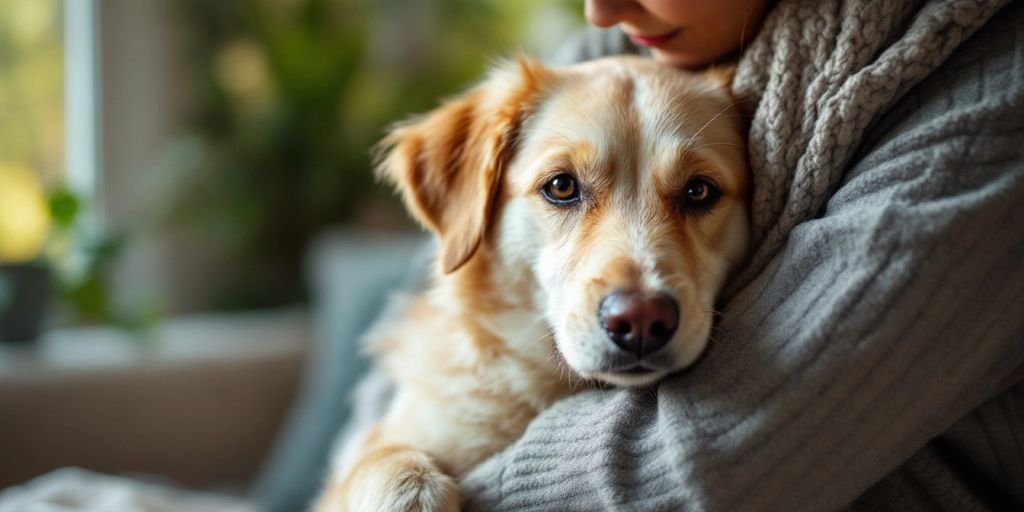 Person with a dog in a serene, comforting setting.