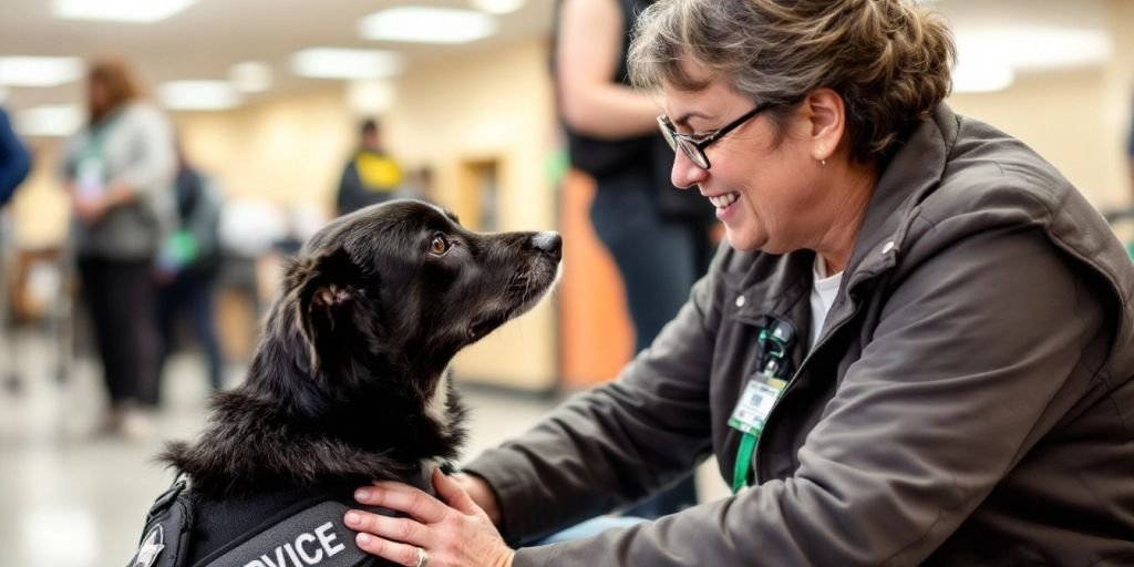 Service dog assisting person in public setting.