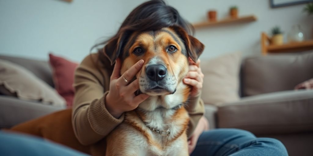 Person petting a calm dog in a cozy setting.