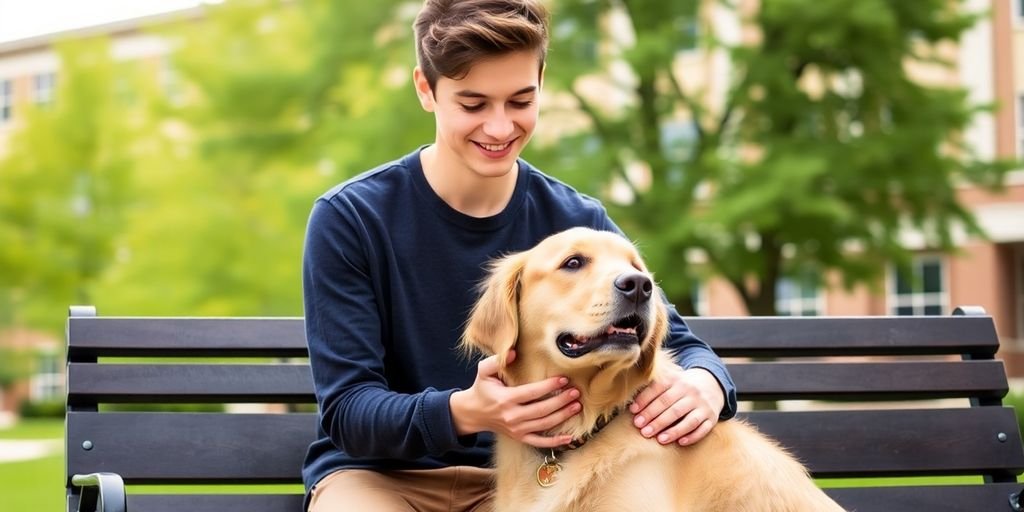 College student with emotional support dog on campus.