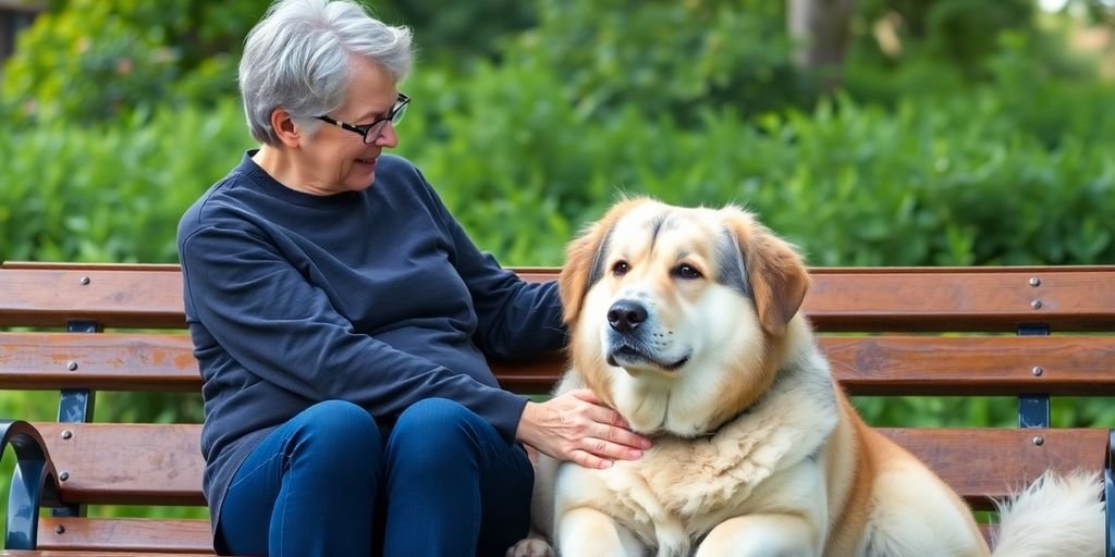 Person with a dog in a peaceful park setting.