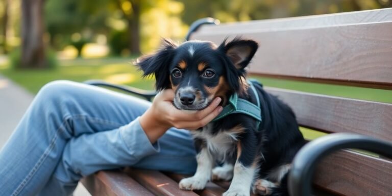 Person with emotional support dog in a serene park setting.