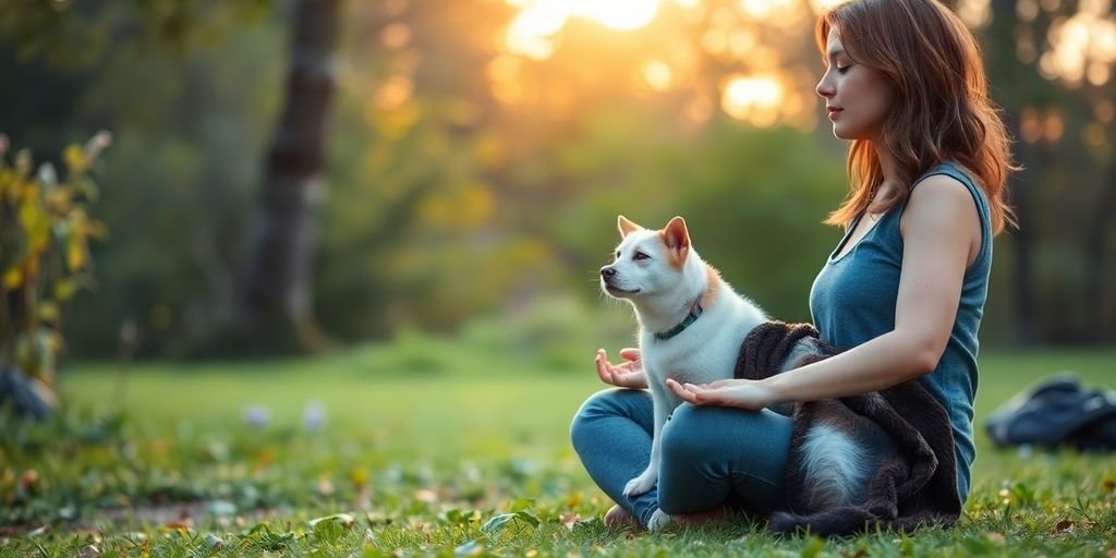 Person meditating outdoors with a calm support animal.