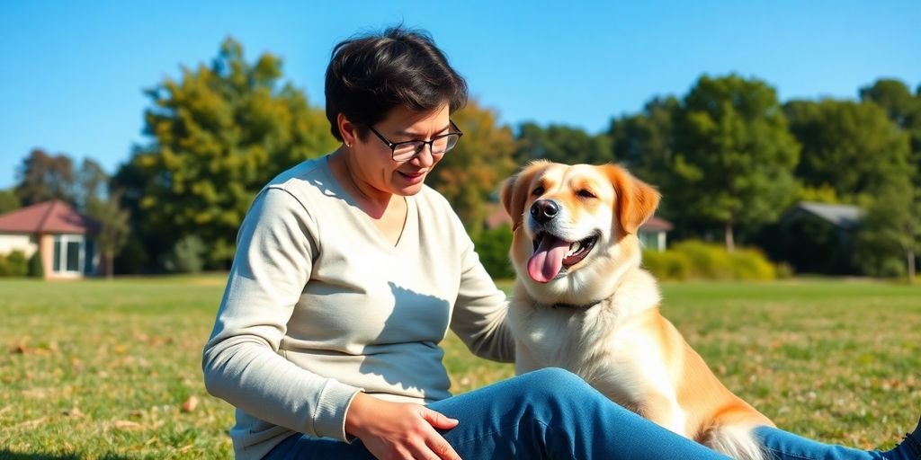 Person and dog enjoying a peaceful moment outdoors.