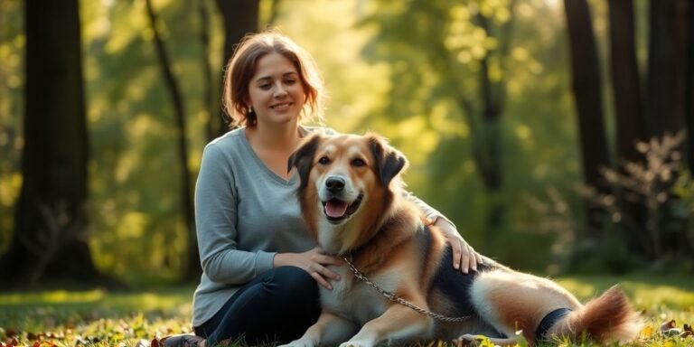 Person with a dog in a peaceful natural setting.