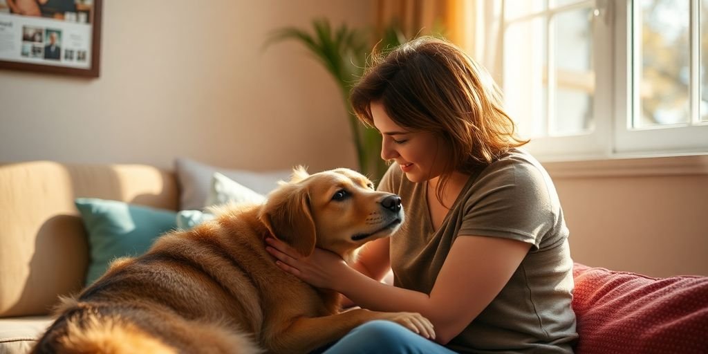 A person with a dog in a calming room.