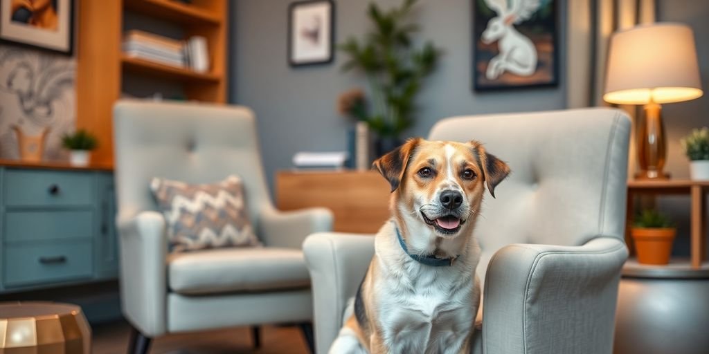 Therapist office with a dog beside a comfortable chair.