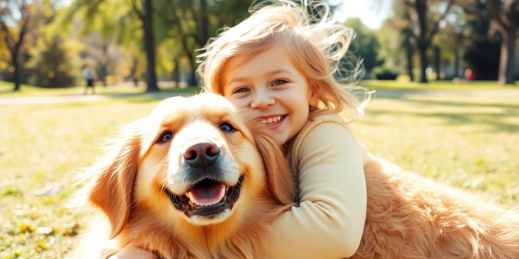 Child with golden retriever in a sunny park.