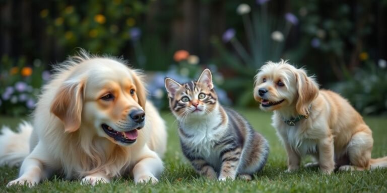 Playful emotional support animals in a serene garden.